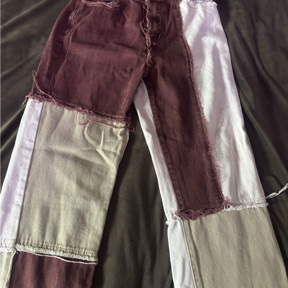 Ardene Patchwork Straight Leg Jeans - Burgundy and White